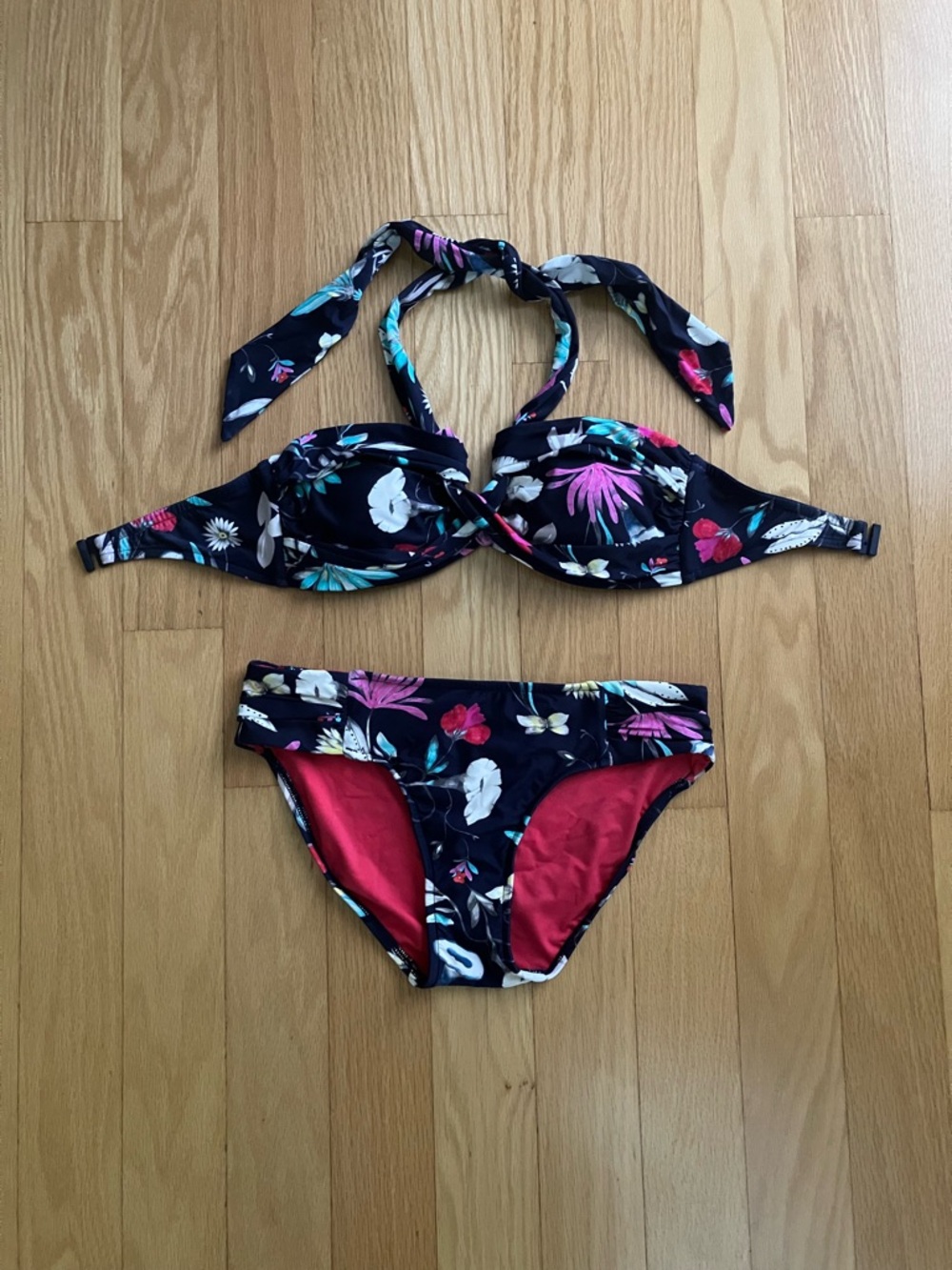 Seafolly Navy Floral Bikini with Bright Pink Lining